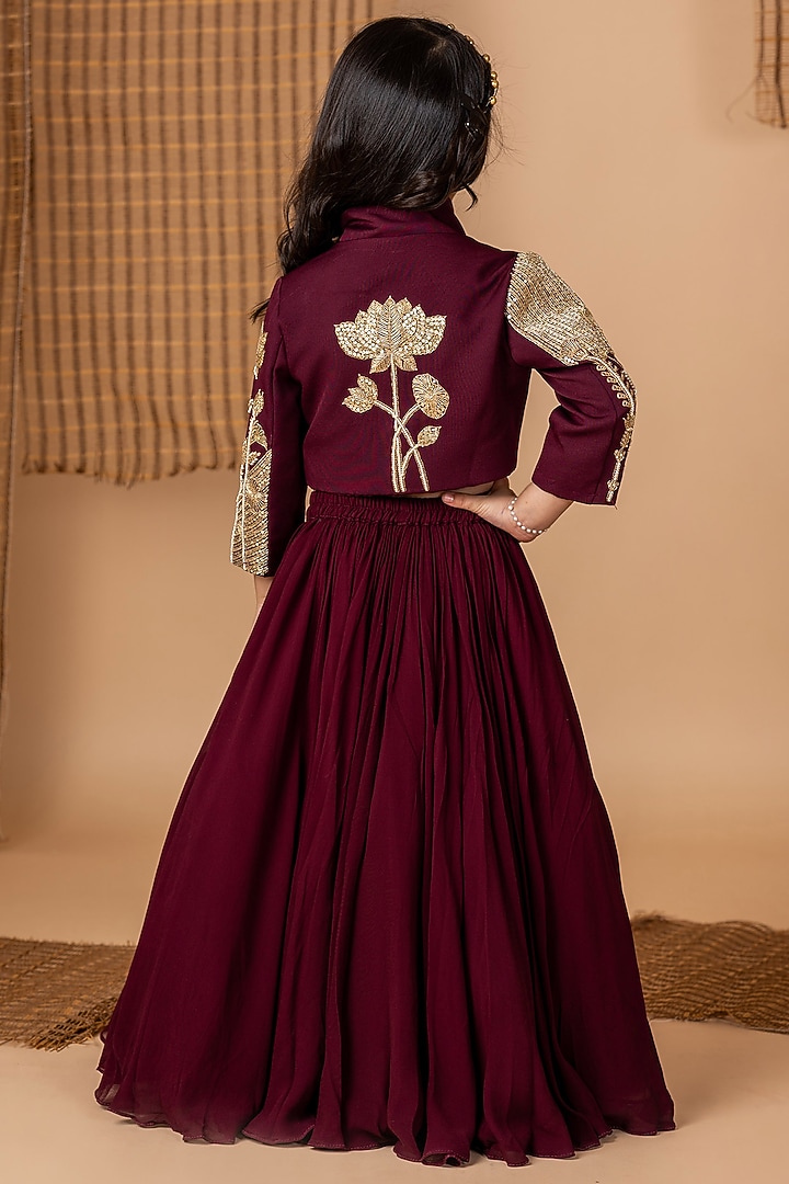 Wine Crepe Dori Hand Embroidered Jacket Lehenga Set For Girls by Li'l Angels at Pernia's Pop Up Shop