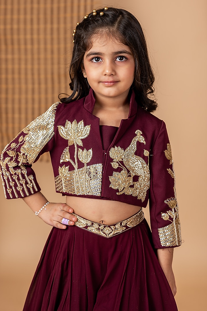 Wine Crepe Dori Hand Embroidered Jacket Lehenga Set For Girls by Li'l Angels at Pernia's Pop Up Shop