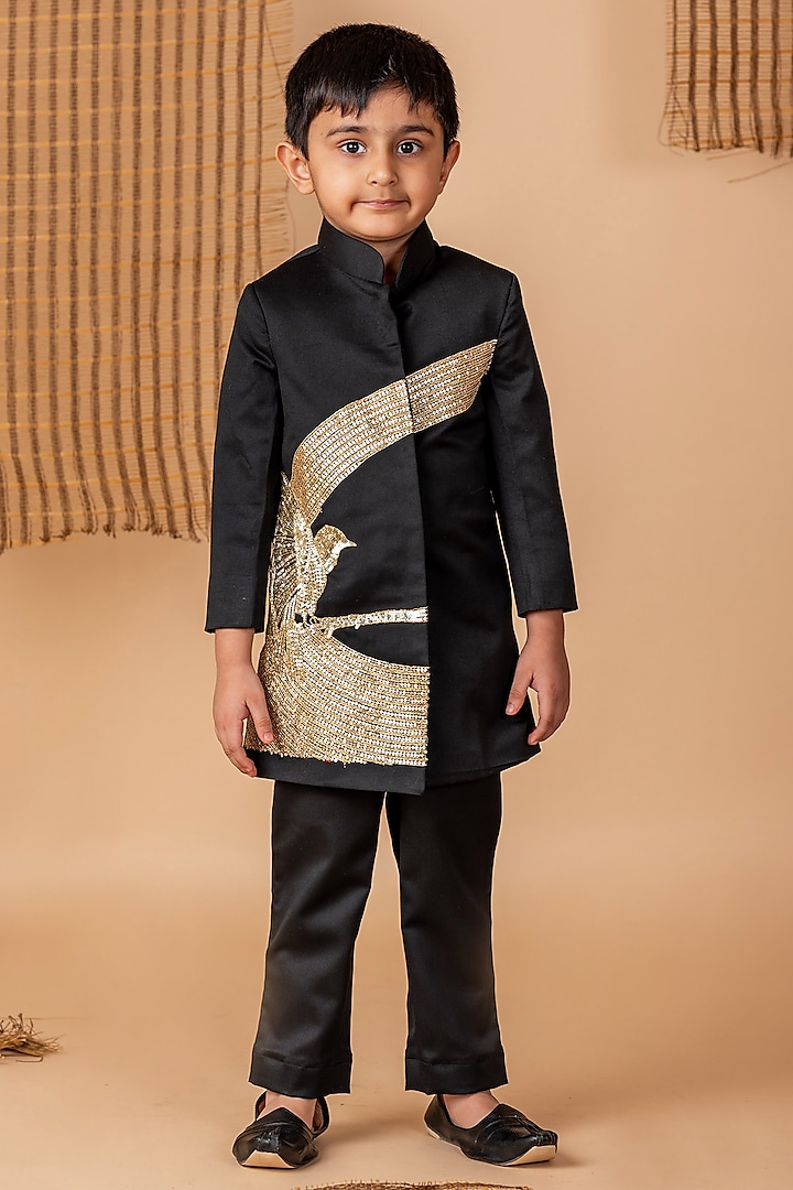 Black Cotton Blend Dori Hand Embroidered Achkan Kurta Set For Boys by Li'l Angels at Pernia's Pop Up Shop