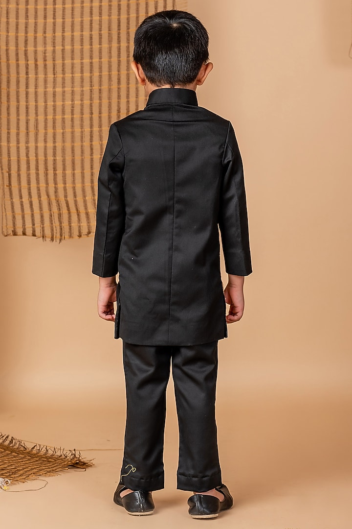 Black Cotton Blend Dori Hand Embroidered Achkan Kurta Set For Boys by Li'l Angels at Pernia's Pop Up Shop