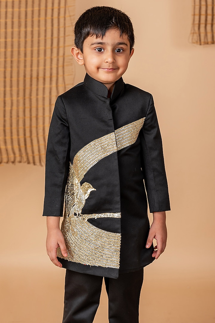 Black Cotton Blend Dori Hand Embroidered Achkan Kurta Set For Boys by Li'l Angels at Pernia's Pop Up Shop
