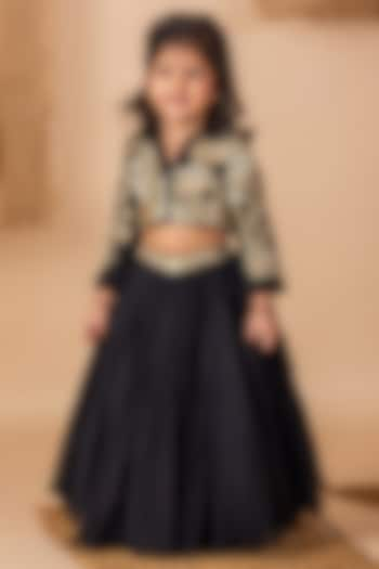 Black Cotton Blend Dori Hand Embroidered Jacket Lehenga Set For Girls by Li'l Angels at Pernia's Pop Up Shop