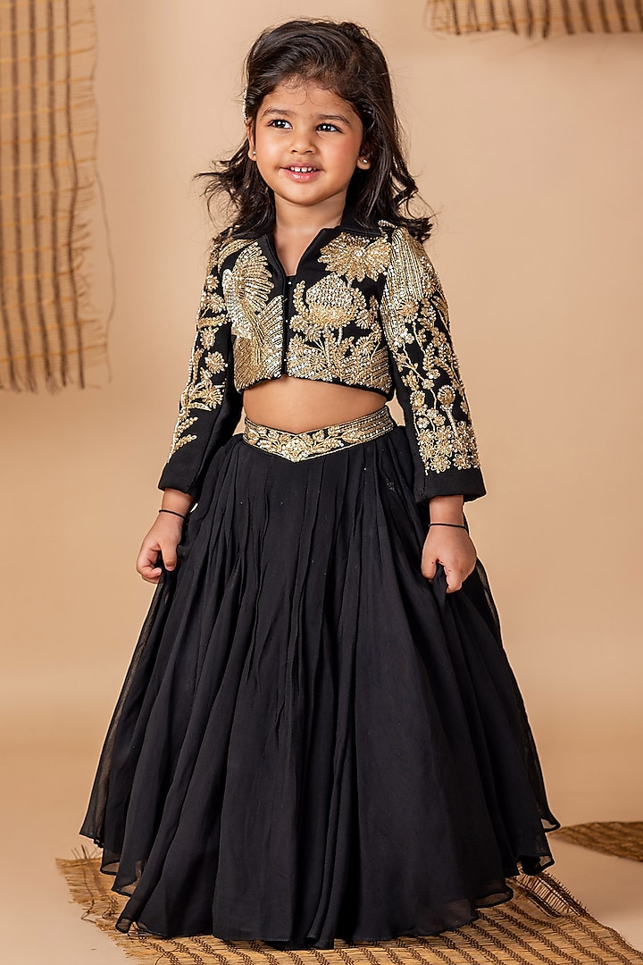 Black Cotton Blend Dori Hand Embroidered Jacket Lehenga Set For Girls by Li'l Angels at Pernia's Pop Up Shop