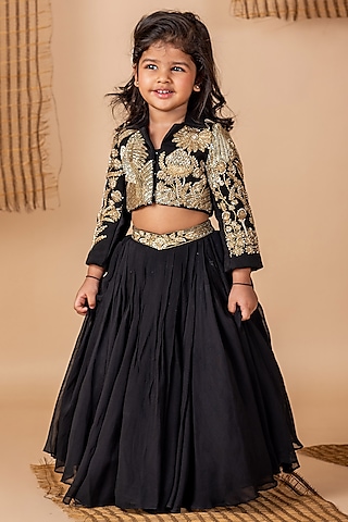 Black Viscose Georgette Dori Hand Embroidered Jacket Lehenga Set For Girls by Li'l Angels