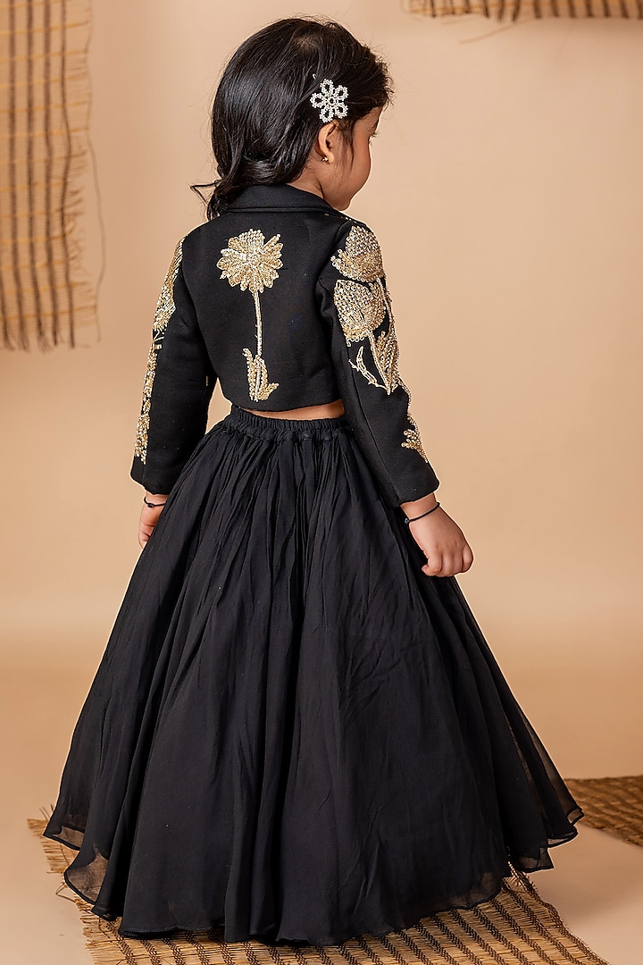 Black Viscose Georgette Dori Hand Embroidered Jacket Lehenga Set For Girls by Li'l Angels at Pernia's Pop Up Shop