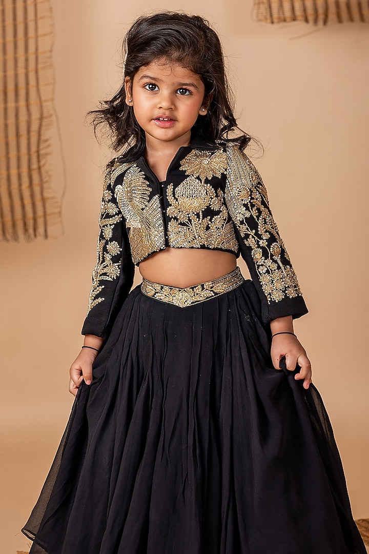 Black Viscose Georgette Dori Hand Embroidered Jacket Lehenga Set For Girls by Li'l Angels at Pernia's Pop Up Shop