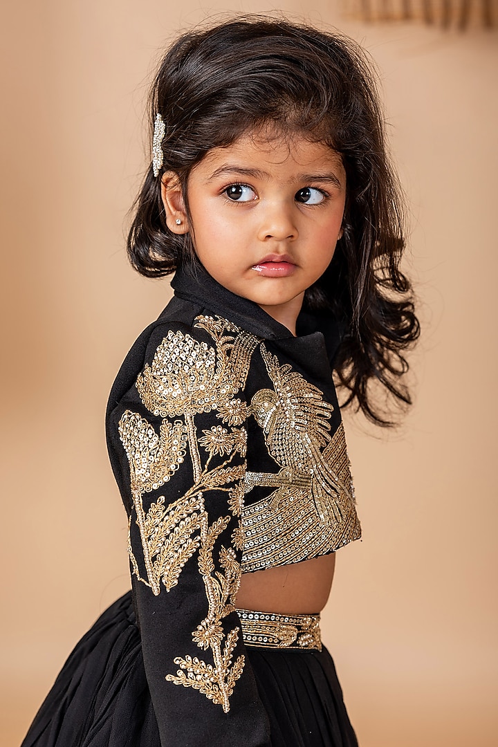 Black Viscose Georgette Dori Hand Embroidered Jacket Lehenga Set For Girls by Li'l Angels at Pernia's Pop Up Shop