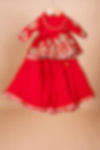 Red Silk Embroidered Lehenga Set For Girls by Li'l Angels at Pernia's Pop Up Shop