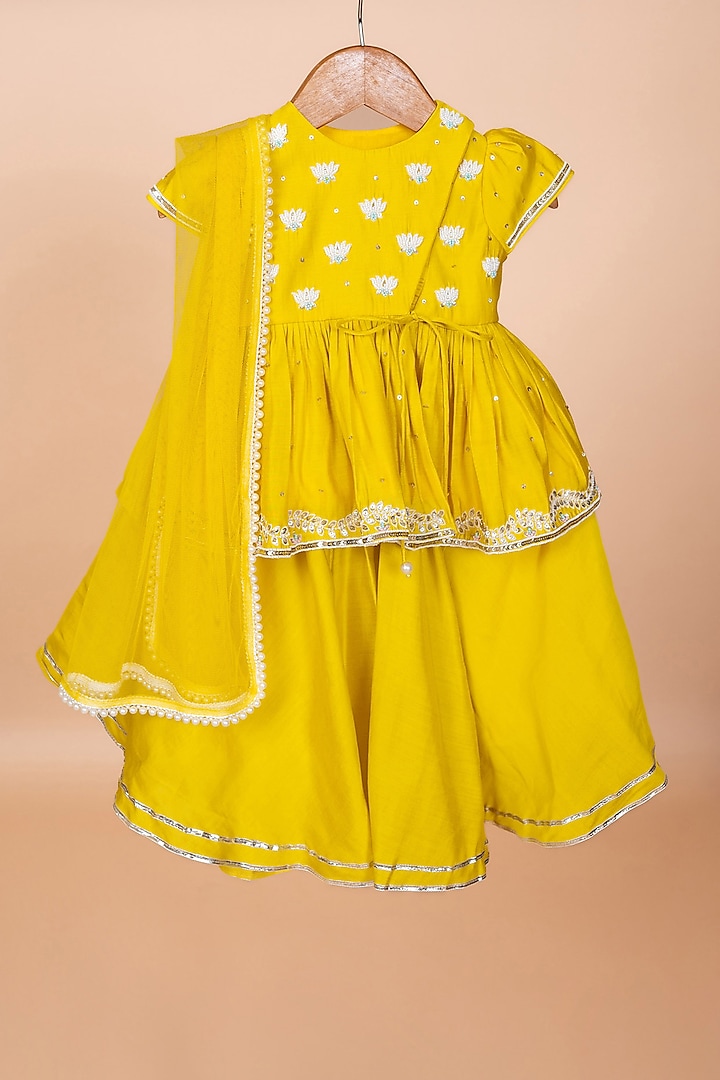 Yellow Silk Embroidered Lehenga Set For Girls by Li'l Angels at Pernia's Pop Up Shop