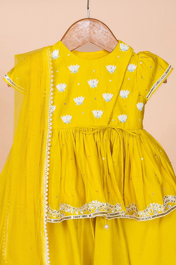 Yellow Silk Embroidered Lehenga Set For Girls by Li'l Angels at Pernia's Pop Up Shop