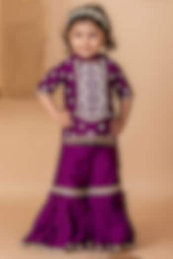 Purple Silk Embroidered Sharara Set For Girls by Li'l Angels at Pernia's Pop Up Shop