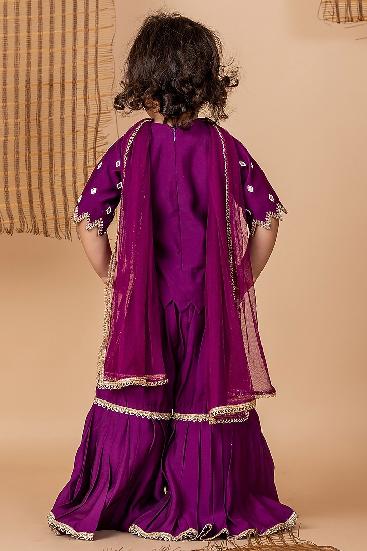 Purple Silk Embroidered Sharara Set For Girls by Li'l Angels at Pernia's Pop Up Shop