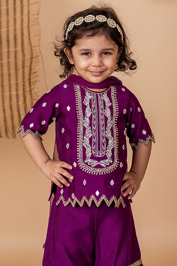 Purple Silk Embroidered Sharara Set For Girls by Li'l Angels at Pernia's Pop Up Shop