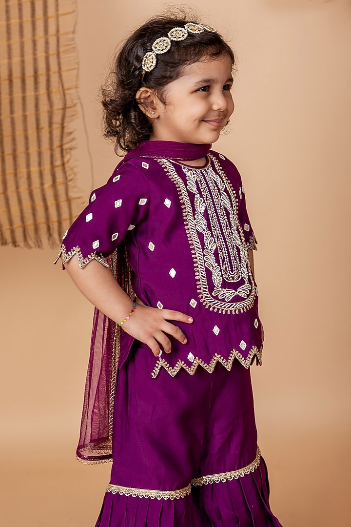 Purple Silk Embroidered Sharara Set For Girls by Li'l Angels at Pernia's Pop Up Shop