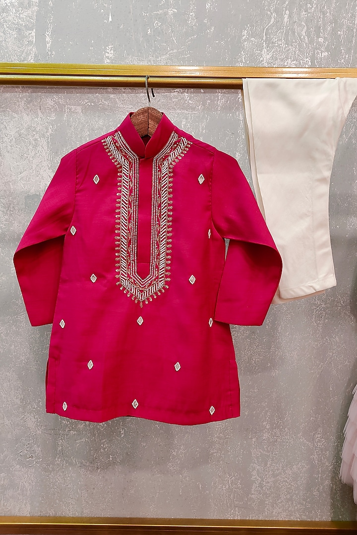 Rani Pink Silk Sequins Hand Embroidered Kurta Set For Boys by Li'l Angels at Pernia's Pop Up Shop