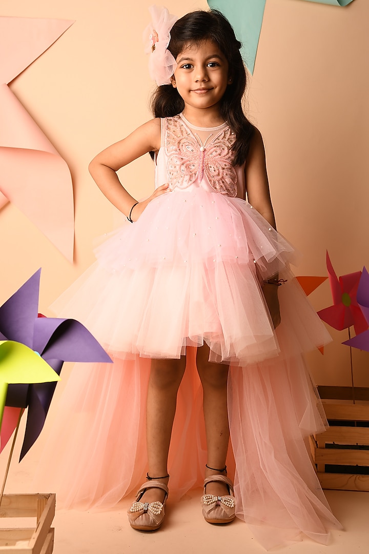 Pink Dupion Silk & Net Gown For Girls by Li'l Angels
