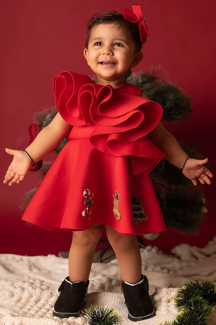 Red Scuba Ruffled Dress For Girls by Li'l Angels at Pernia's Pop Up Shop