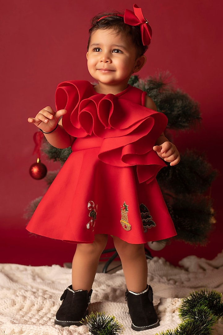 Red Scuba Ruffled Dress For Girls by Li'l Angels at Pernia's Pop Up Shop  2026