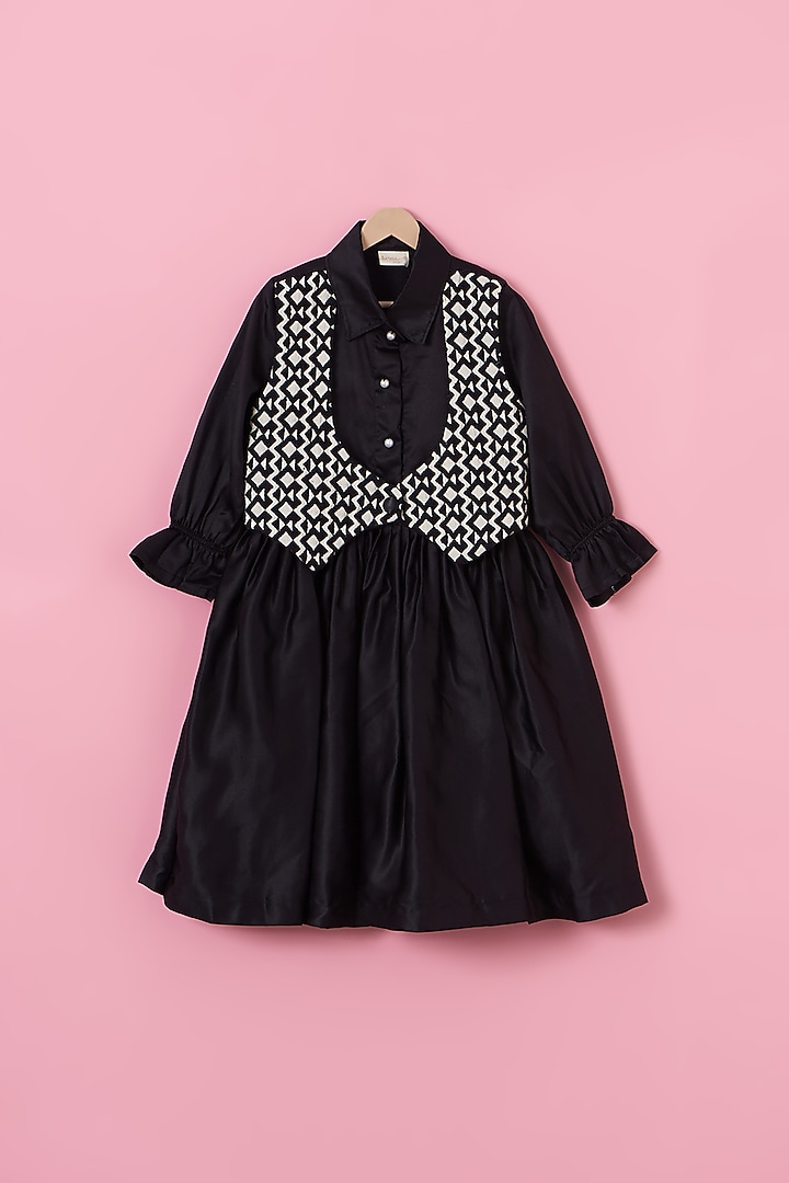 Black Cotton & Jaguar Jacket Dress For Girls by Lilglam