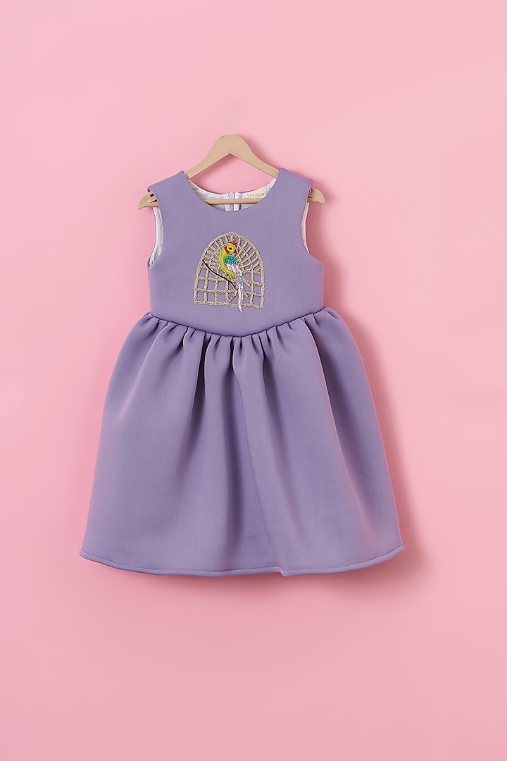 Violet Cotton & Scuba Zari Hand Embroidered Dress For Girls by Lilglam