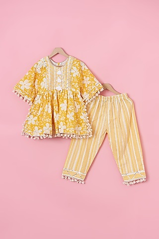 Yellow Cotton Floral Printed Kurta Set For Girls by Lilglam