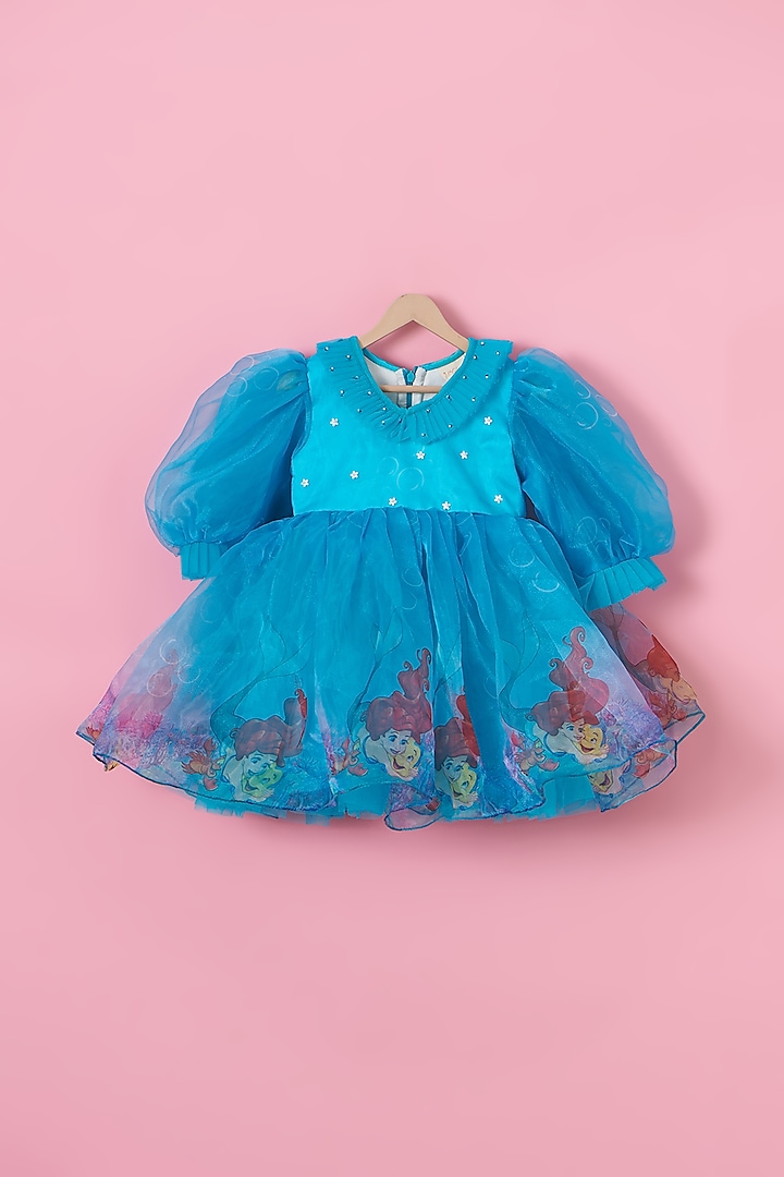 Blue Organza & Net Mermaid Printed Dress For Girls by Lilglam