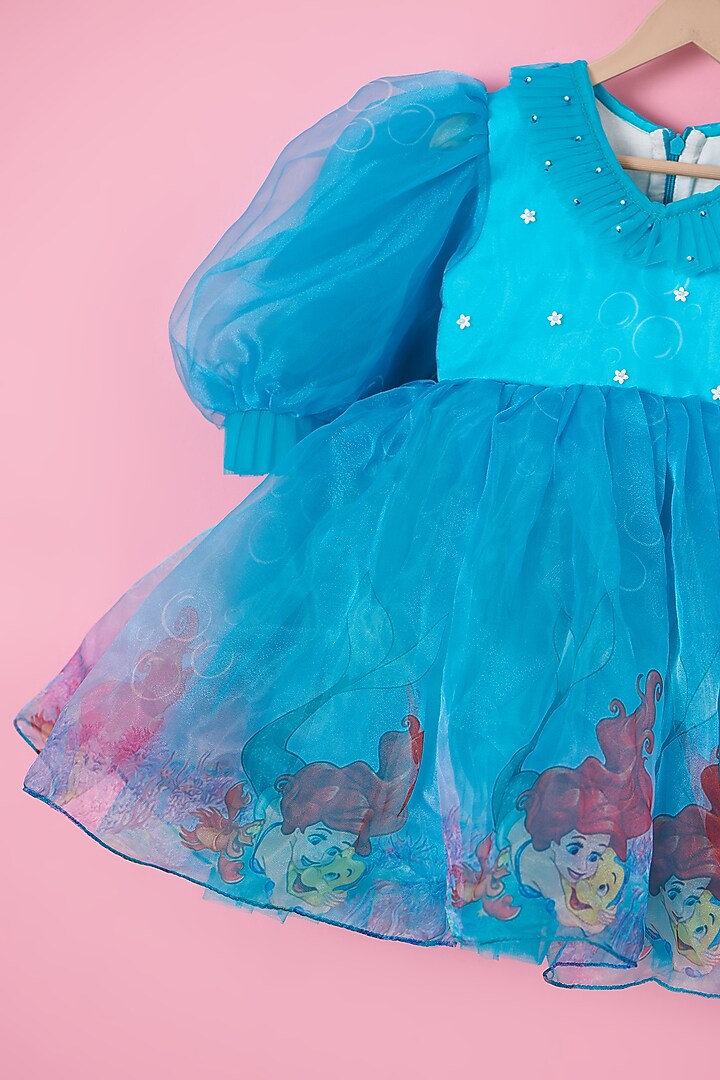Blue Organza & Net Mermaid Printed Dress For Girls by Lilglam at Pernia's Pop Up Shop