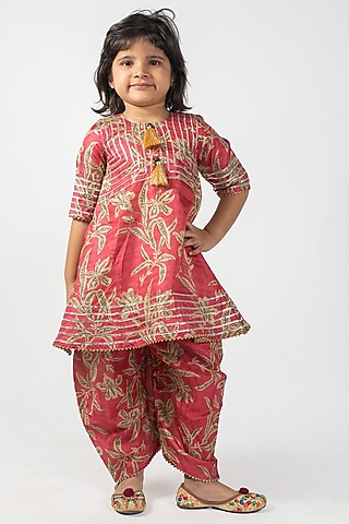 Red Mysore Silk Kurta Set For Girls by Lilglam