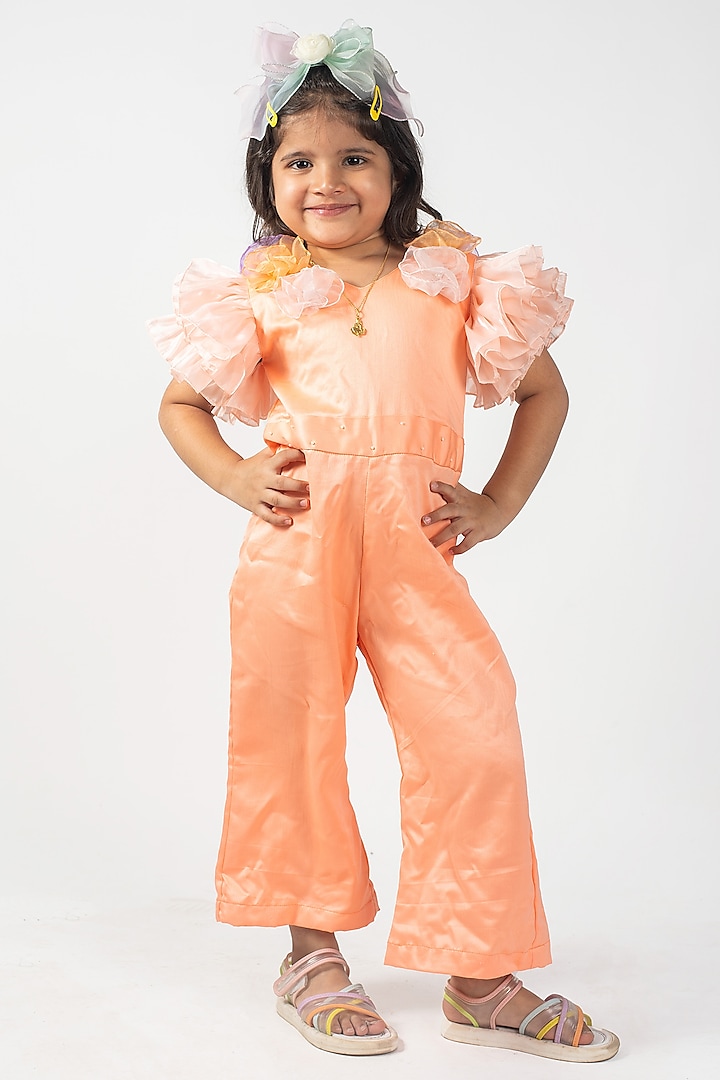 Peach Cotton Silk Jumpsuit For Girls by Lilglam at Pernia's Pop Up Shop