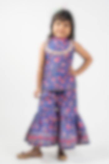 Blue Muslin Floral Printed Sharara Set For Girls by Lilglam at Pernia's Pop Up Shop