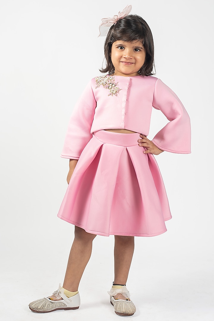 Baby Pink Scuba Embroidered Skirt Set For Girls by Lilglam at Pernia's Pop Up Shop