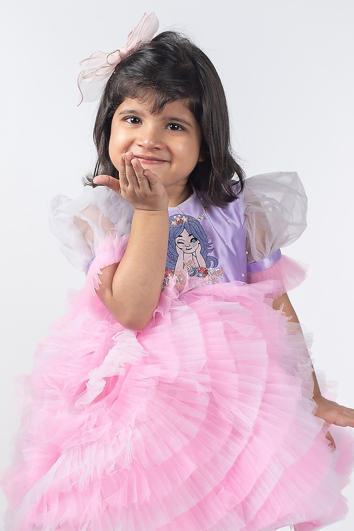 Light Pink Net & Satin Frilled Dress For Girls by Lilglam at Pernia's Pop Up Shop