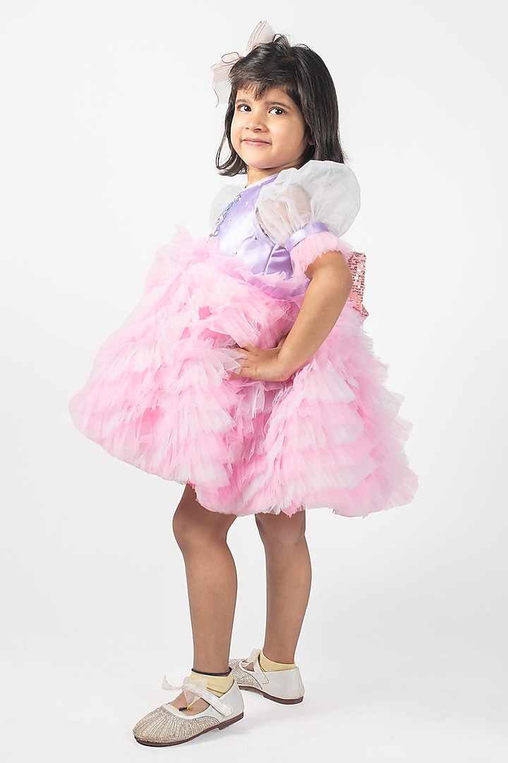 Light Pink Net & Satin Frilled Dress For Girls by Lilglam at Pernia's Pop Up Shop