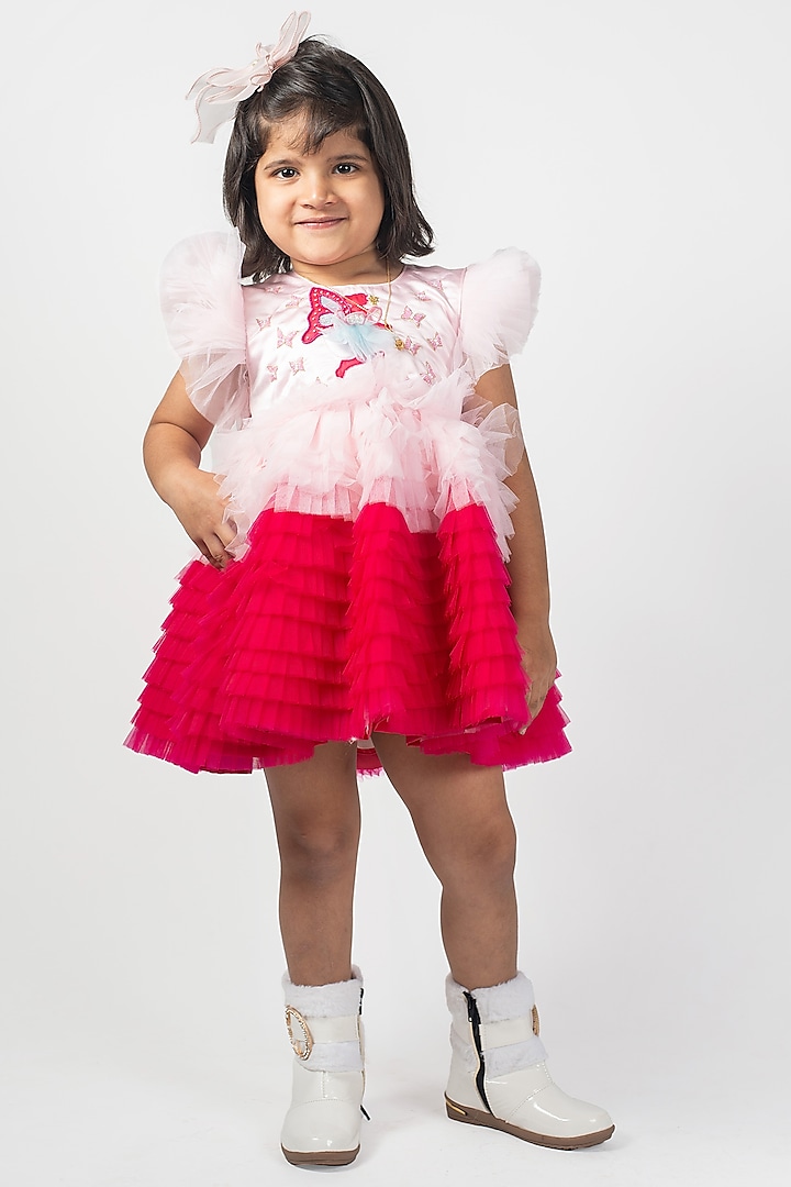 Pink & White Net Embroidered Frilled Dress For Girls by Lilglam at Pernia's Pop Up Shop