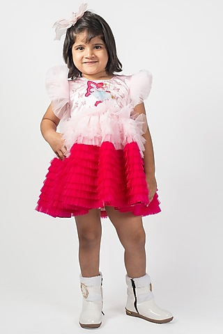 Pink & White Net Embroidered Frilled Dress For Girls by Lilglam