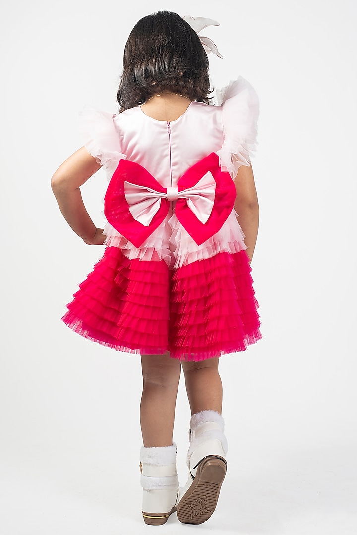 Pink & White Net Embroidered Frilled Dress For Girls by Lilglam at Pernia's Pop Up Shop