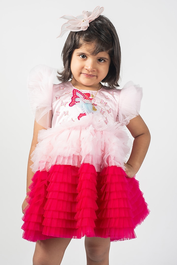 Pink & White Net Embroidered Frilled Dress For Girls by Lilglam at Pernia's Pop Up Shop