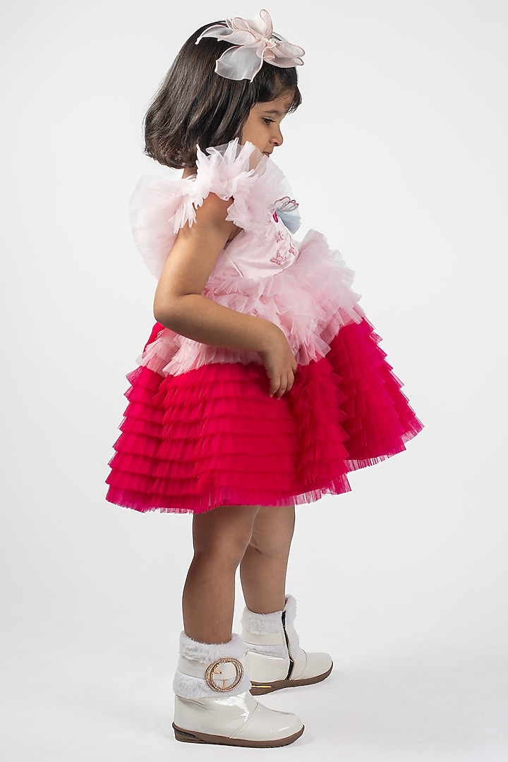 Pink & White Net Embroidered Frilled Dress For Girls by Lilglam at Pernia's Pop Up Shop