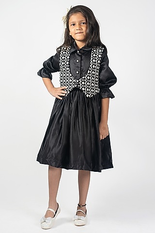 Black Cotton Silk & Jacquard Jacket Dress For Girls by Lilglam