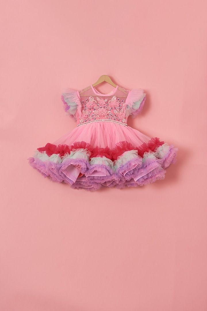 Multi-Colored Net & Satin Beads Embroidered Frilled Dress For Girls by Lilglam