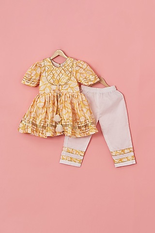 Yellow Cotton & Satin Floral Leaf Printed Anarkali Set For Girls by Lilglam