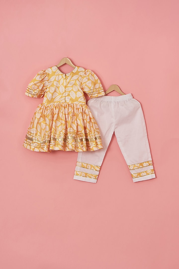 Yellow Cotton & Satin Floral Leaf Printed Anarkali Set For Girls by Lilglam at Pernia's Pop Up Shop