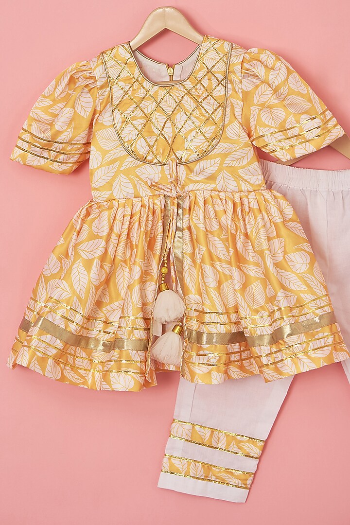 Yellow Cotton & Satin Floral Leaf Printed Anarkali Set For Girls by Lilglam at Pernia's Pop Up Shop