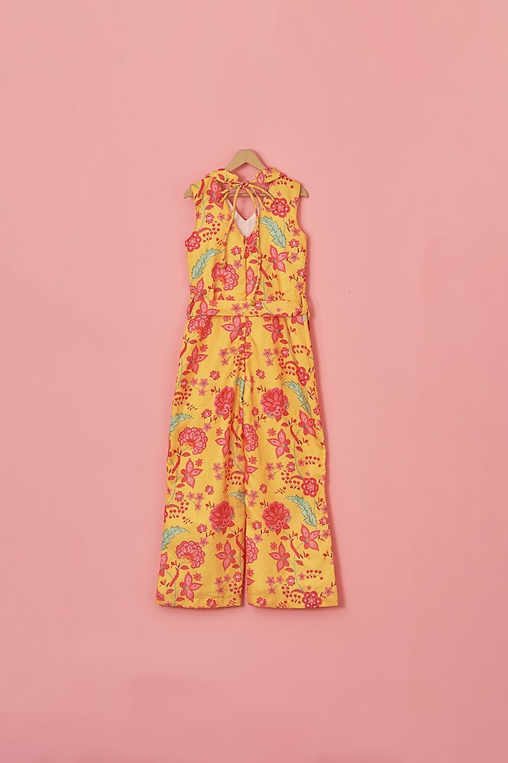 Mustard Yellow Linen Floral Printed Jumpsuit For Girls by Lilglam