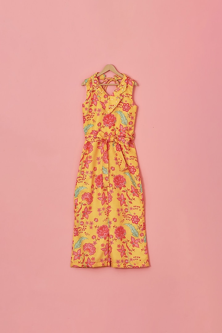 Mustard Yellow Linen Floral Printed Jumpsuit For Girls by Lilglam at Pernia's Pop Up Shop