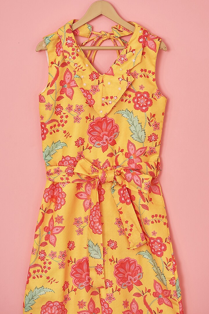 Mustard Yellow Linen Floral Printed Jumpsuit For Girls by Lilglam at Pernia's Pop Up Shop