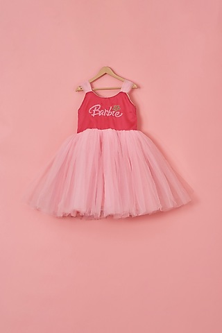 Pink Net & Satin Beads Embroidered Dress For Girls by Lilglam