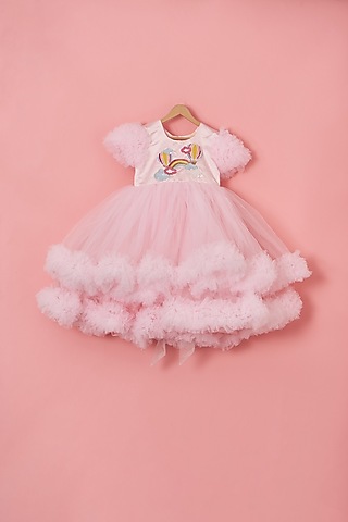 Baby Pink Net & Satin Beads Embroidered Dress For Girls by Lilglam