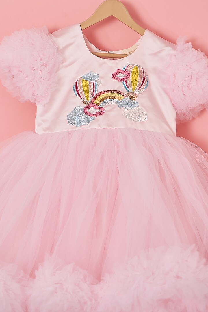 Baby Pink Net & Satin Beads Embroidered Dress For Girls by Lilglam at Pernia's Pop Up Shop