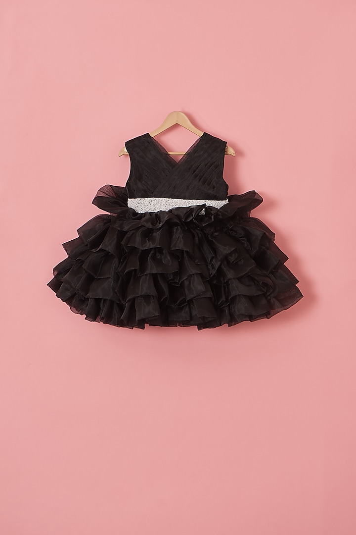 Black Organza & Satin Pearl Embroidered Dress For Girls by Lilglam